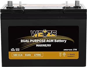 Weize Dual Purpose AGM Battery BCI Group 27M, 175RC 580CCA 12V 92AH Starter & Deep Cycle Sealed Marine & RV Battery