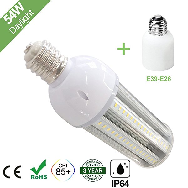54W LED Corn Light Bulb, E39 Large Mogul Base, 6500K Daylight White 6000 Lumens, 300 Watt Equivalent Metal Halide Replacement for Indoor Outdoor Large Area Lighting, Street and Area Light, HID, HPS