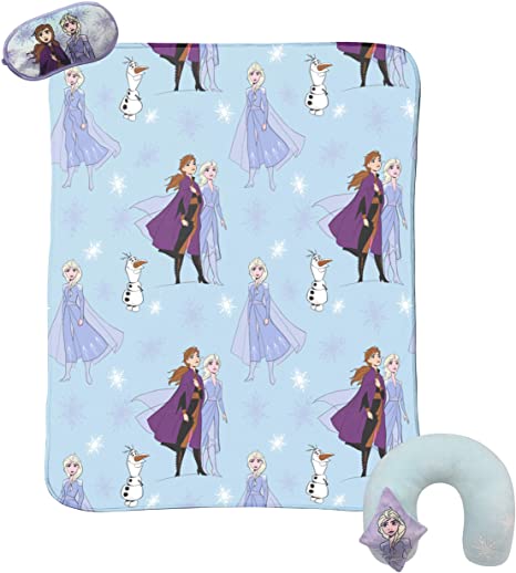 Jay Franco Disney Frozen 2-3 Piece Plush Kids Travel Set with Neck Pillow, Blanket & Eye Mask - Featuring Elsa, Anna, Olaf (Official Disney Prodcut)