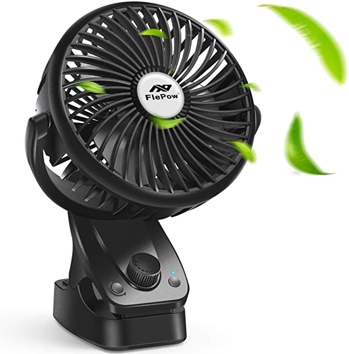 Mini Portable Personal Stroller Fan - FlePow USB Desk Fan with 5200mAh Battery, Stepless Speed Adjust, and Auto Oscillating, Clip-on Desk Fan for Baby Stroller, Summer Camping, and Home