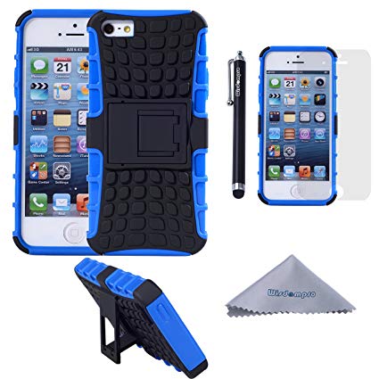 iPhone SE 5s 5 Case, Wisdompro [2 Piece in 1] Dual Layers [Heavy Duty] Hard Soft Hybrid Rugged Protective Case with [Foldable Kickstand] for Apple iPhone 5/5s/SE - Blue/Black