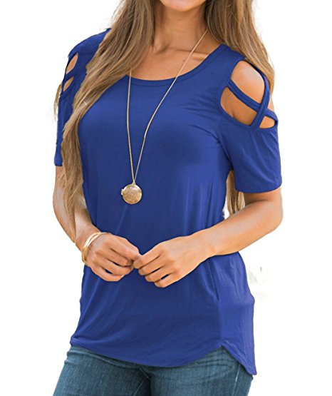 Rdfmy Womens Loose Strappy T-Shirts Cold Shoulder Tops Short Sleeve and Blouses