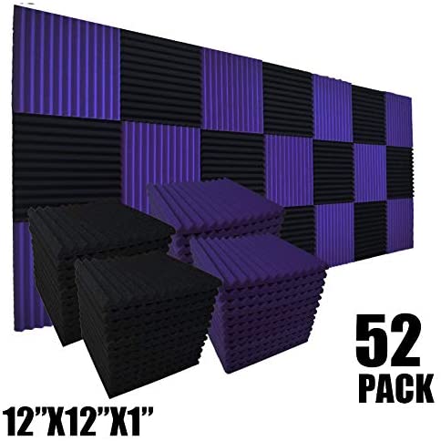 52 Pack 1" x 12" x 12" Black/purple Acoustic Wedge Studio Foam Sound Absorption Wall Panels (black/purple)