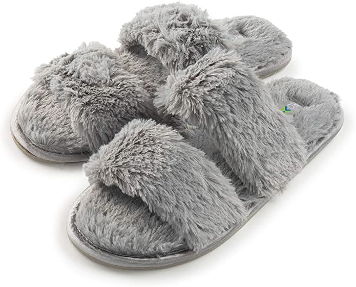 Roxoni Fuzzy House Slippers for Women – Comfortable Furry Spa – Cozy Slip On Open Toe - Soft Insole & Rubber Outsole