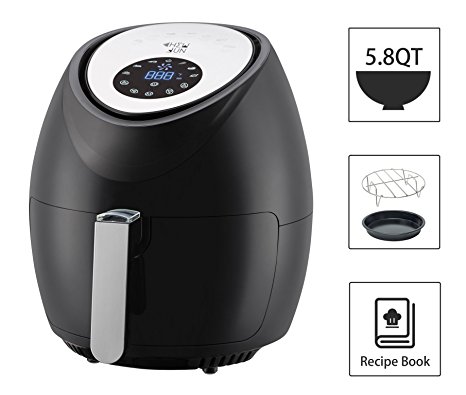5.8 Quart Digital XL Air Fryer with 7 Cooking Settings, 2 Piece Accessory Set & Recipe Book, Black by CHEW FUN