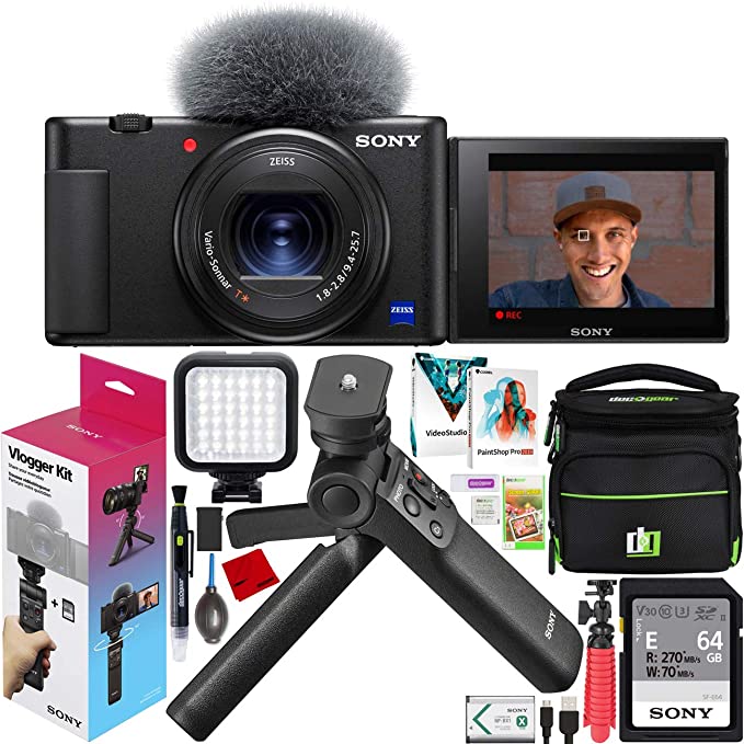 Sony ZV-1 Compact Digital 4K Camera Vlogger Creator's Kit ACCVC1 Includes GP-VPT2BT Shooting Grip with Wireless Remote Commander   64GB Card DCZV1/B Bundle Deco Gear Case   LED Light and Accessories