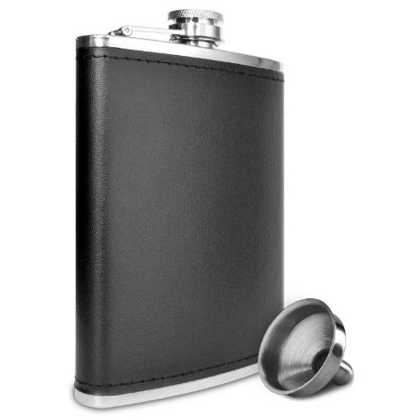 Premium 8 oz Soft Touch Leather Wrap Outdoor Adventure Flask 304 Stainless Steel - Leak Proof - Liquor Hip Flask by Future Hydrate - Includes Free Bonus Funnel (8 ounce capacity)