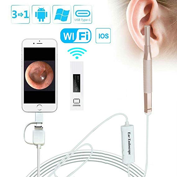 WiFi Ear Endoscope,Tenozek Visual 3 in 1 HD Ear Cleaner Otoscope,Ear Wax Removal Tool Kits,Ear Cleaning Borescope,1.3 Megapixels Digital Ear Inspection Camera for iPhone/Android/PC/Tablet/Windows/MAC