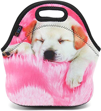 ICOLOR Kids Pink Dog Soft Friendly Insulated Lunch box Food Bag Neoprene Gourmet Handbag lunchbox Cooler warm Pouch Tote bag For School work LB-005