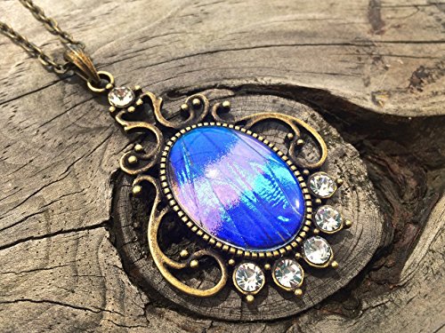 Real Blue Morpho Helena Butterfly Wing Pendant Necklace - Insect Jewelry - December Birthstone