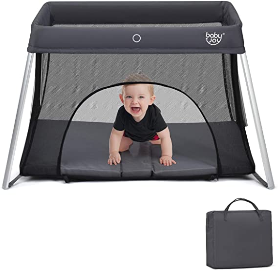 COSTWAY Foldable Travel Cot, 2 in 1 Portable Playpen with Soft Mattress, Zipper Door and Carry Bag, Lightweight Mesh Playard for Infants Toddlers (Grey)