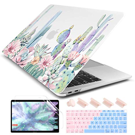 Dongke for New MacBook Air 13 Inch Case 2018 2019 Release A1932 Frosted Rubberized Matte Hard Shell Cover for MacBook Air 13 with Retina Display and Touch ID Watercolor Cactus