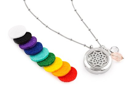 1 Silver Dreamcatcher Essential Oil Diffuser Necklace - Aromatherapy Jewelry - Hypoallergenic 316L Surgical Grade Stainless Steel, 20.8” Chain   9 Washable Insert Pads   Charms