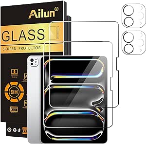 Ailun Screen Protector for iPad Pro 11 inch 2024 5th Generation 2 Pack   2 Pack Camera Lens Protector,Tempered Glass 0.33mm,Face ID & Apple Pencil & Case Compatible [4 Pack]