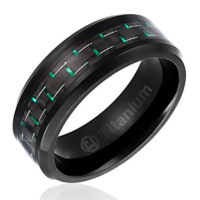 8MM Men's Titanium Ring Wedding Band | Black Plated with Black and Green Carbon Fiber Inlay | Beveled Edges