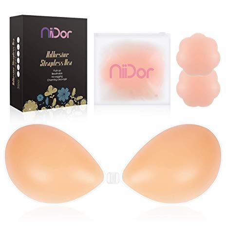 Niidor Adhesive Bra Strapless Sticky Invisible Push up Silicone Bra for Backless Dress with Nipple Covers