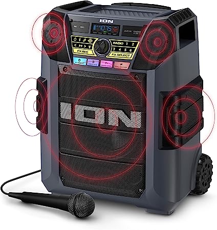 ION Block Rocker XL - Portable Bluetooth Outdoor Party Speaker, 220W, with Karaoke Microphone, Battery, 5 Speakers, Lights, Radio, USB Charging & App