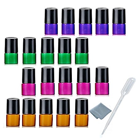 ELFENSTALL Colorful 20pcs Mini 1ml Roll on Glass Bottle for Essential Oil - Empty Aromatherapy Perfume Bottles - Refillable Slim Sample Vial with Metal Ball Amber Pink Green Purple