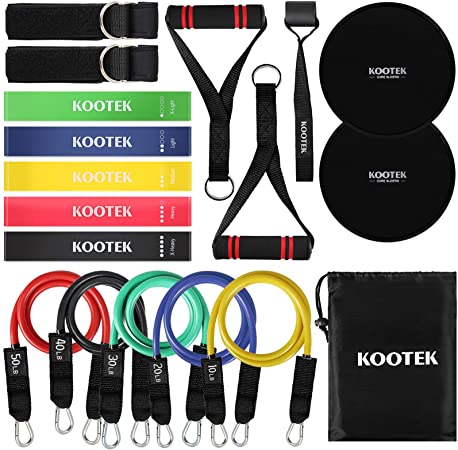 Kootek 18 Pack Resistance Bands Set Workout Bands - 5 Stackable Exercise Bands 5 Loop Resistance Bands 2 Core Sliders with Door Anchor and Handles, Legs Ankle Straps, Carry Bag & Guide Book for Home