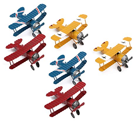 Dedoot Vintage Airplane Model Decor Vintage Mini Metal Decorative Airplane Wrought Iron Aircraft Biplane for Photo Props, Tree Ornament,Desktop Decoration,Pack of 6,3 Colors(Blue/Red/Yellow)