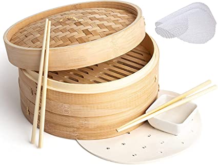Nezylaf 10 inch Bamboo Steamer Basket, 2 Tier Food Steamer, Natural Bamboo Dumpling Steamer with Lid contains 2 Pair of Chopsticks, 1 Sauce Dish, 100 Wax Papers Liners & 2 Silicone Mesh Pad