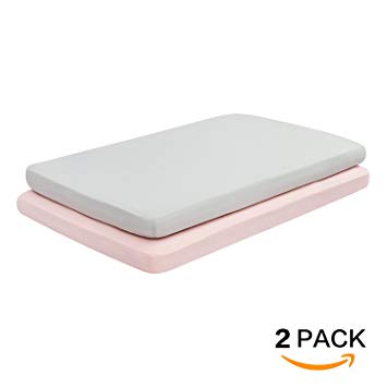 TILLYOU Jersey Knit Pack n Play Sheets Fitted, Portable Mini Crib Sheets Set, Ultra-Soft Breathable Hypoallergenic Playard Mattress Sheets, 2 Pack Peachy Pink & Lt Gray