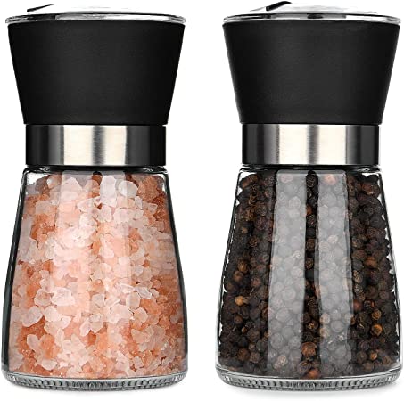 Hotder 2pcs Premium Salt and Pepper Grinder Set,Adjustable Ceramic Coarseness Glass Pepper Salt and Pepper Shaker,5.1in Tall