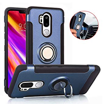 LG G7 Case, LG G7 ThinQ Case, Slim Drop Protection Cover, Ring Grip Holder Stand, Back Magnetic Circle Air Vent Magnetic Car Vent Mount - Metallic Blue