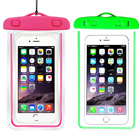 (2Pack) Universal Waterproof Case, IPX8 Phone Pouch Dry Bag Compatible with iPhone XR X XS MAX/8/8plus/7/7plus/6s/6/6s Plus Samsung Galaxy s8/s7 Google Pixel HTC10 up to 6.5" Diagonal (Green Pink)