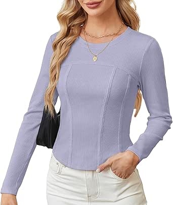 GRACE KARIN Women Long Sleeve Crew Neck Shirts Crop Tops Fall Fashion Knit Slim Fitted Corset Tee