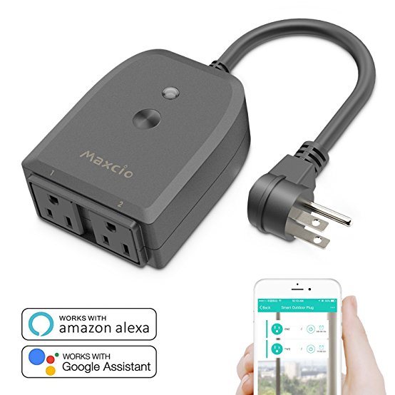 Outdoor Smart Plug, Maxcio Outdoor Wi-Fi Outlet with 2 Sockets, Compatible with Alexa and Google Home, Wireless Remote Control/Timer by Smartphone, Weatherproof for Indoor and Outdoor Use