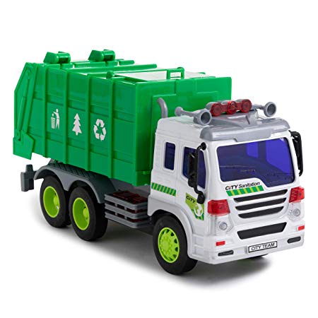 Toy To Enjoy Garbage Truck Toy with Light & Sound – Dump Cleaning Trash Truck - Friction Powered Wheels & Openable Back - Heavy Duty Plastic Vehicle Toy for Kids & Children