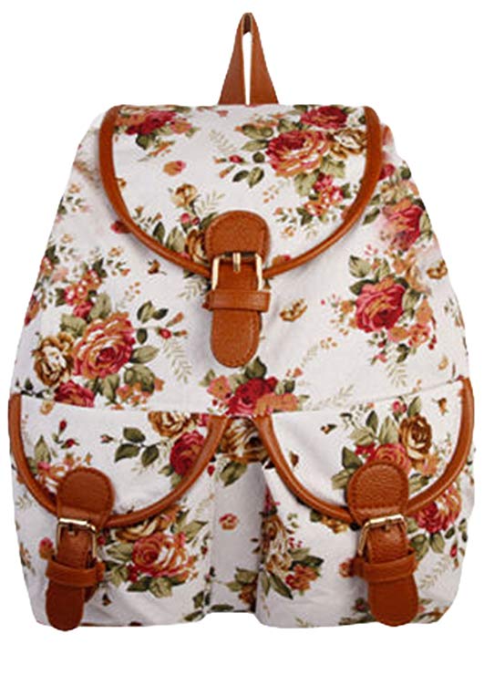 Yonger Rose Flower Rucksack Retro Satchel Bookbags for Girls School Backpack Woman