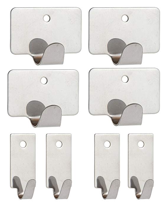 8-Pack Premium Stainless Steel Wall-Mounted Hooks with Screw Holes and Strong 3M Adhesive Backing for Kitchen Bathroom Bedroom Closet Office Coat Hats Scarves