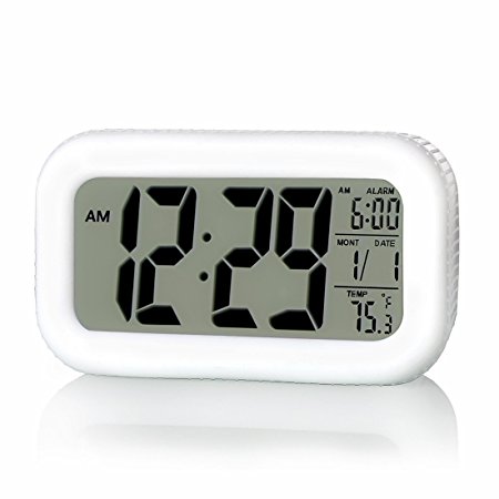 iCKER Digital Alarm Clock with Soft Light, Calendar and Indoor Temperature Display, Snooze Function, Battery Operated Only, White