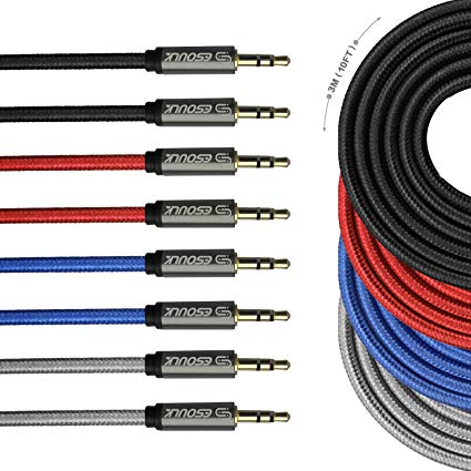 Tangle-Free Male to Male 3.5mm Auxiliary Cable [10ft] Gold Plated Connectors for Apple, Android Smartphones,Tablet,MP3 Players and more (Red Blue Black Grey [4-Pack])
