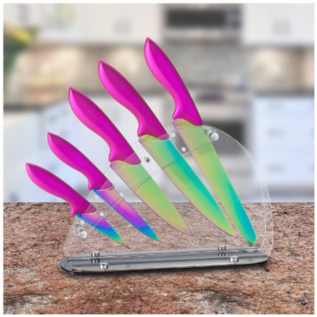 Chef's Star 6 Piece Kitchen Knife Utility Set, Stainless Steel Blade W/ Colored Titanium Coating and Pink Handles, Includes Chef, Bread, Carving, Paring and Utility Knife Plus Acrylic Knife Block