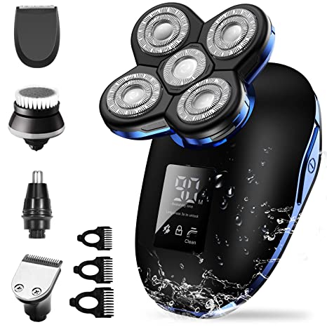 Electric Shaver for Men, OriHea 5 in 1 Head Shavers for Bald Men Electric Rotary Razor Beard Trimmer Grooming Kit IPX7-Waterproof, Faster-Charging LED Display USB Rechargeable - Blue