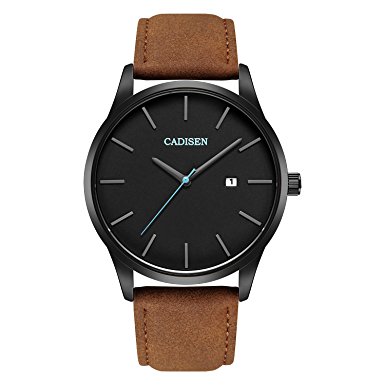 CADISEN Mens Calendar Minimalist Black Dial Waterproof Ultra thin Wrist Watch with Brown Leather band