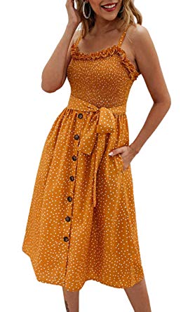 Angashion Women's Dresses - Summer Boho Floral Spaghetti Strap Button Down Belt Swing A line Midi Dress with Pockets