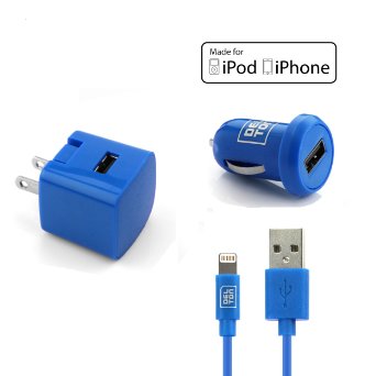 Delton 3 In 1 Apple Certified Lightning Car & Wall Rapid Charger For iPhone 6,6s,6 Plus, 5/5s 5Se iPad/iPod (4 Ft Cable) Retail Packaging - Blue