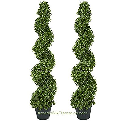 TWO Pre-potted 4' Spiral Boxwood Artificial Topiary Trees. In Plastic Pot