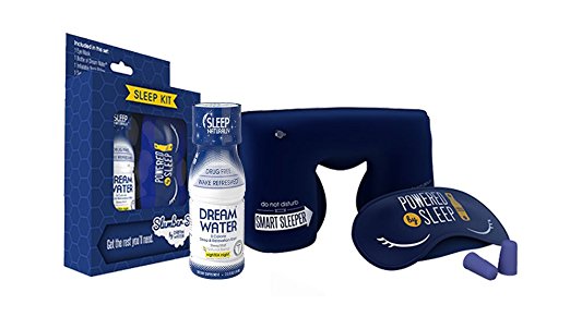 Dream Water Inflatable Neck Pillow, Eye Mask, Set of Earplugs and Water Shot