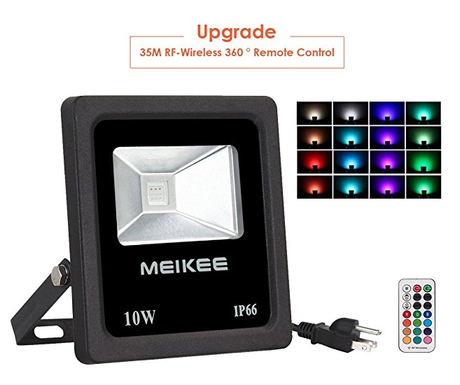 MEIKEE 10W RGB LED Flood Lights,16 Colors Changing Security Light,Remote Control,4 Modes,IP66 Waterproof ,US 3-Plug,Outdoor Floodlight, Wall Light, Christmas Xmas Outdoor Garden Decoration Light