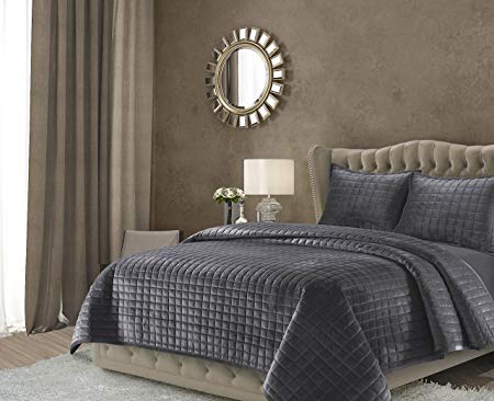 Tribeca Living FLORENCEQUIKIGR Florence Velvet Oversized Solid Quilt Set, King, Smoke Grey