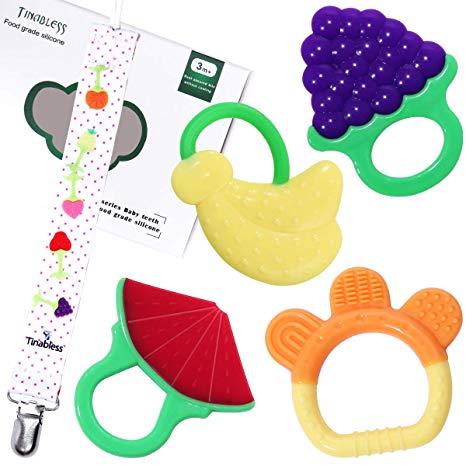 Teething Rings, Tinabless BPA Free Natural Organic Safe Soft Baby Teething Toy Key/Set for 3 to 12 months Babies, Infants and Toddlers (4 Pack)