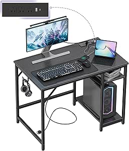 JOISCOPE 40 x 24 Inch Small Gaming Computer Desk with Table Power Outlets, Home Office Small Desk with Storage Shelves and USB & Type-C Outlet for Bedroom, Home Office, Writing Table, Black Finish