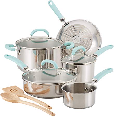 Rachael Ray 70412 Create Delicious Cookware Pots and Pans Set, 10 Piece, Stainless Steel with Light Blue Handles