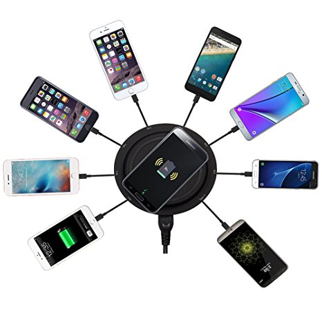 Wireless Charging Station, KeyEntre 9-in-1 Wireless Charging Pad with Fast Charging USB Ports and Type-C Port for Smartphones and Tablets (no Short Cables)