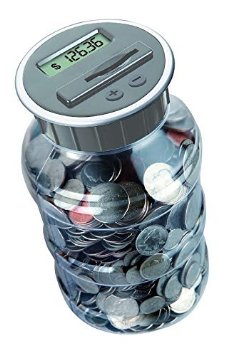 Digital Coin Bank Savings Jar by DE - Automatic Coin Counter Totals all U.S. Coins including Dollars and Half Dollars - Original Style, Clear Jar